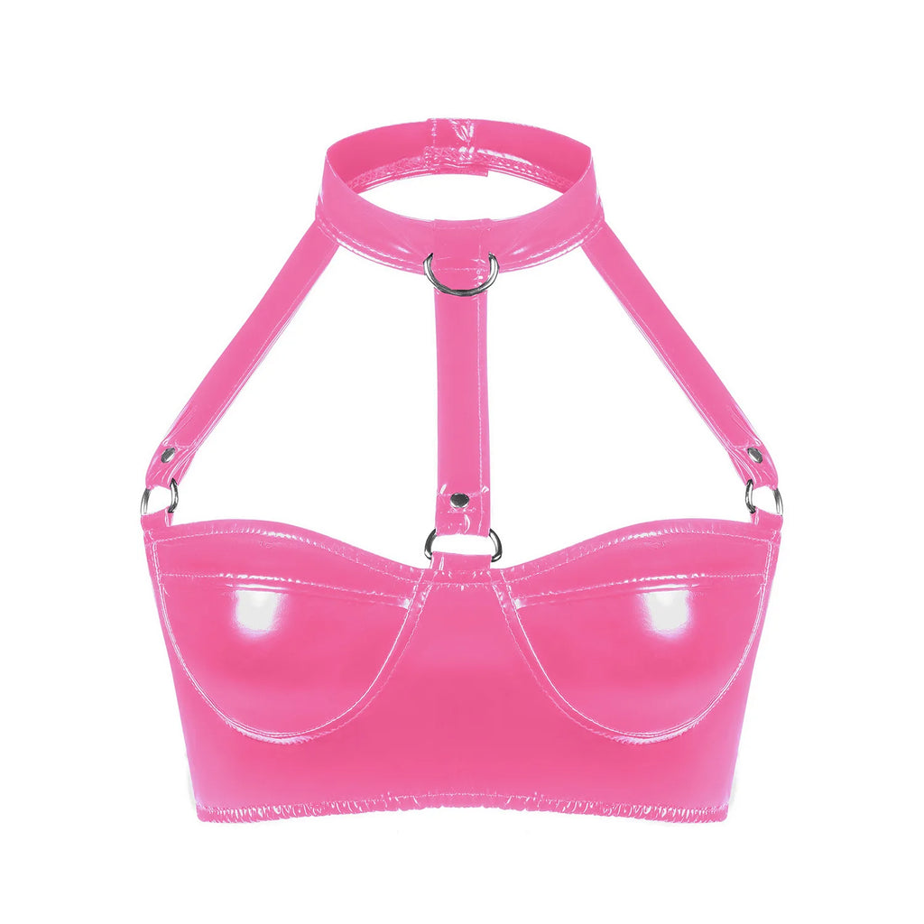 Pink vinyl bra with thin straps on a white background