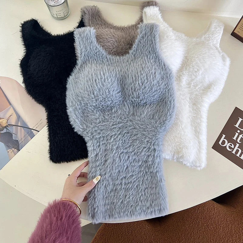 Plush Fleece Thermal Camisole – Built-In Bra Pad Warm Wool Tank Top
