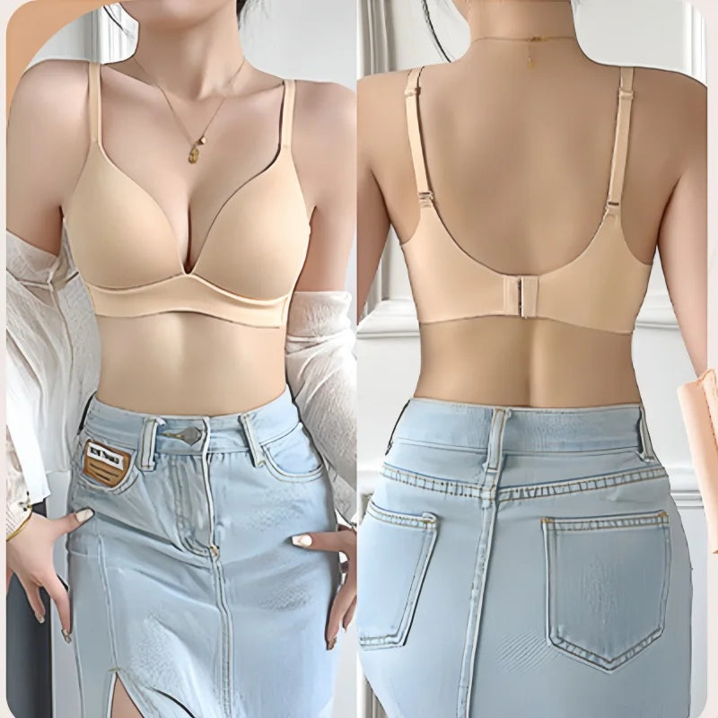 A split view of a beige underwire bra shown on a model, with the front view on the left and the back view on the right. The model is wearing a light blue denim skirt and a white cardigan.