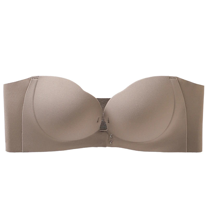 Wireless Strapless Bra Women Double Front Buckle 6Point AntiSlip 3Level 3D Molded Petal Deep V Seamless Multiway Pushup Bra 1PC