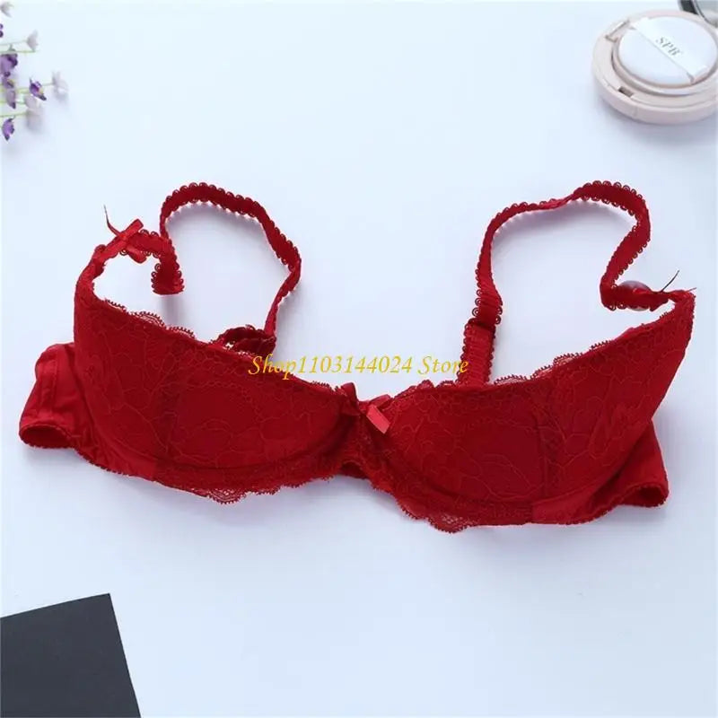 Women's Balconette Bra with Push Up Effect 1/4 Cup Lace Bra Underwired Low Cut Bra Bows Shelf Bra Bralette Lingerie
