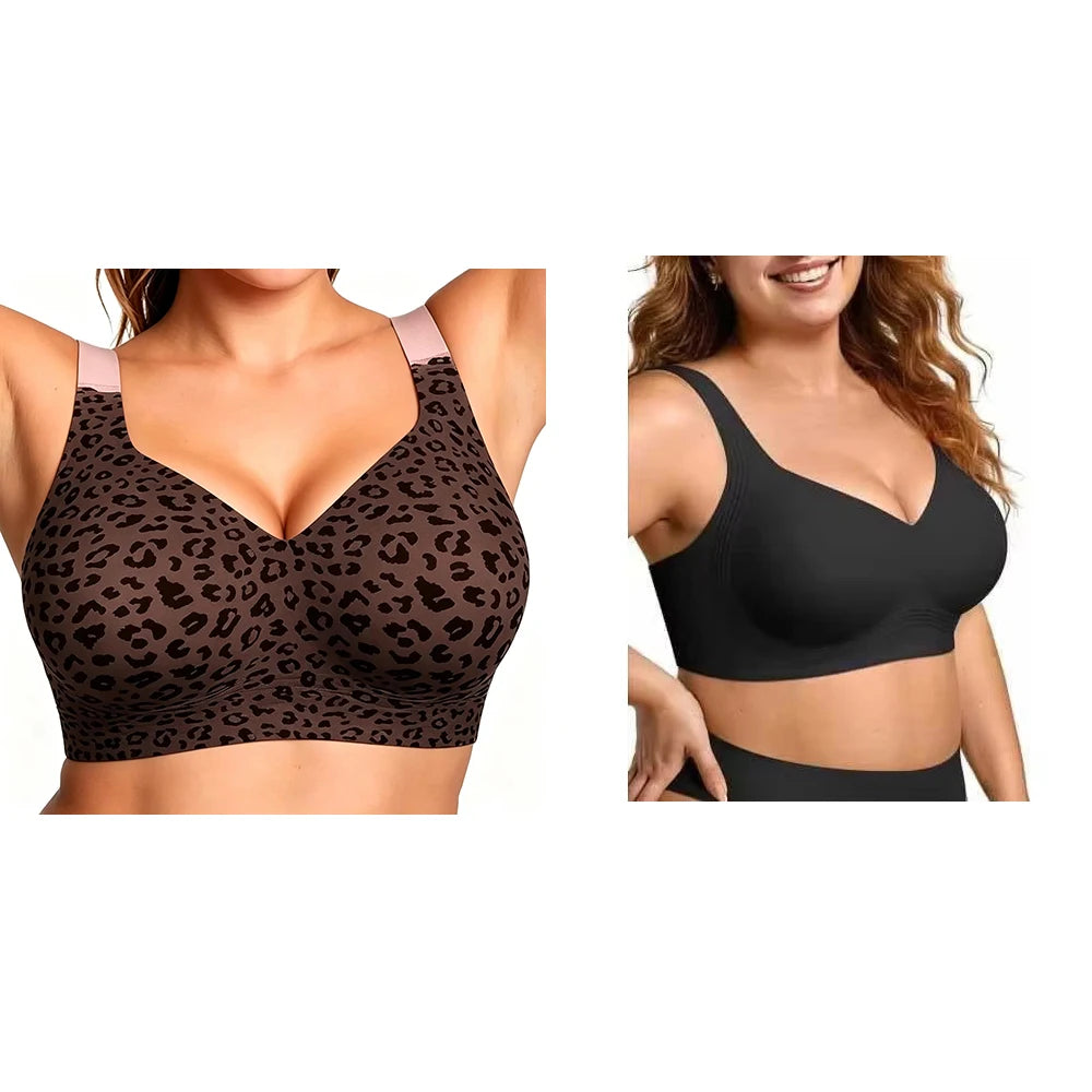 Women's Seamless Jelly Soft Support Bra Leopard Print Wire-Free Full Cup Thin Plus Size Bra Breathable Push Up Bra Large Bust