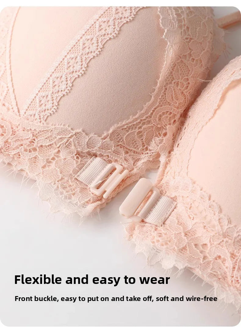 Wireless Lace Bra Set Women's Comfortable Sexy Back Design Gathered Front Clasp Underwear Nylon Material Suitable for Small B...