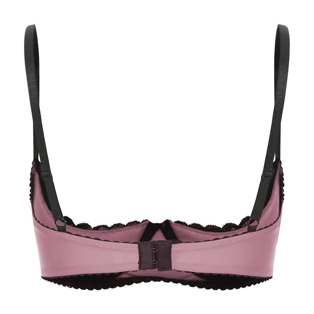 Women Sexy Open Cups Bra Tops Exposed Nipples Balconette Lingerie Contrast Lace Push Up Underwire Brassiere Underwear Nightwear
