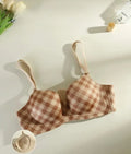 Sexy Seamless Push-Up Bra for Women Wireless with Soft Support Lift & Anti-Sagging Side Support for Armpit Fat Plaid Pattern