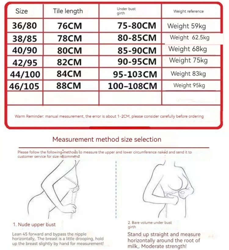 Size chart for clothing with measurement details and guidelines on how to measure chest size.