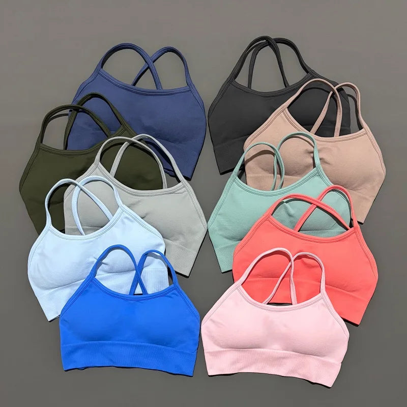 Collection of colorful bras arranged on a gray background
