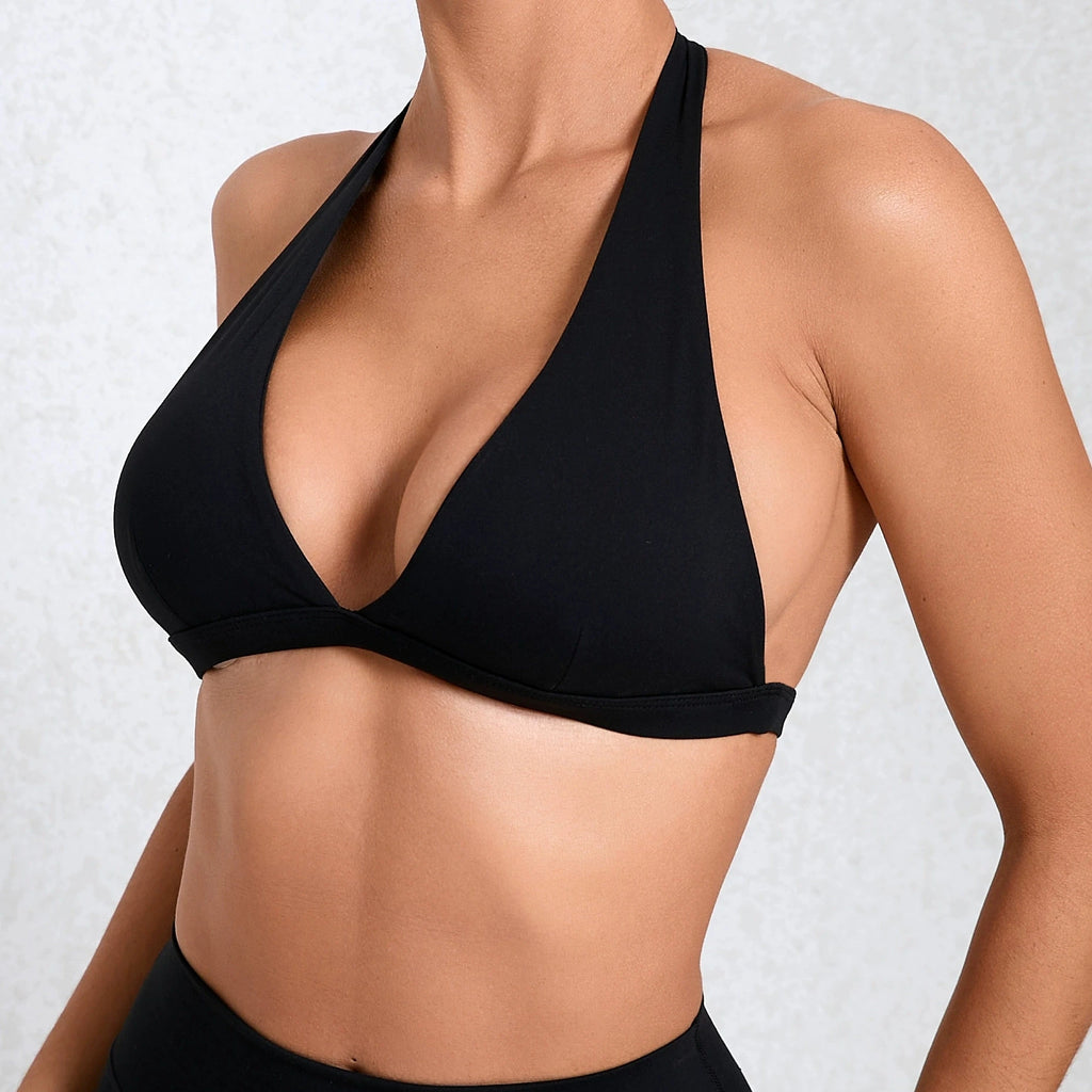 Seamless Halter Neck Open Back Sports Bra – Medium Support Yoga Gym Crop Top