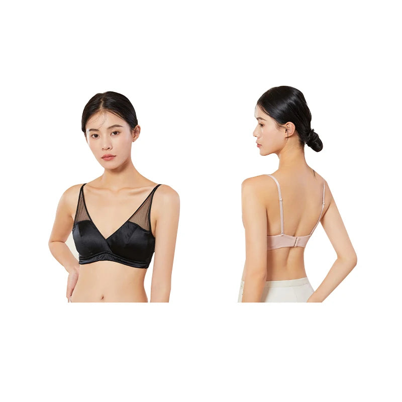 Mulberry Silk Satin French Lingerie Thin Wireless Bra for Small Chests