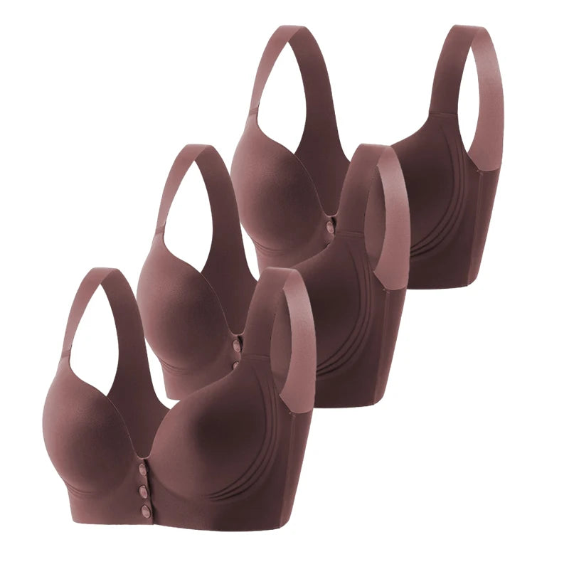 Four wireless bralettes in a matching dark brown color, arranged in a staggered diagonal layout on a solid white background.