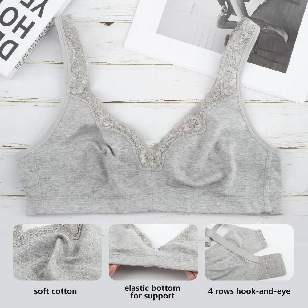 Sheroine Women's Floral Lace Cotton Bra Plus Size Wire-Free Non-Foam Comfort Wide Straps Full Coverage Sleep Underswear