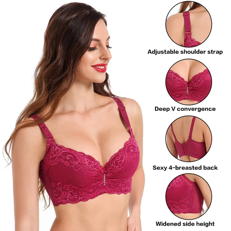 A woman models a magenta lace bra against a white background, with three circular inset detail shots on the right showing adjustable shoulder strap, deep V convergence, and widened side height.