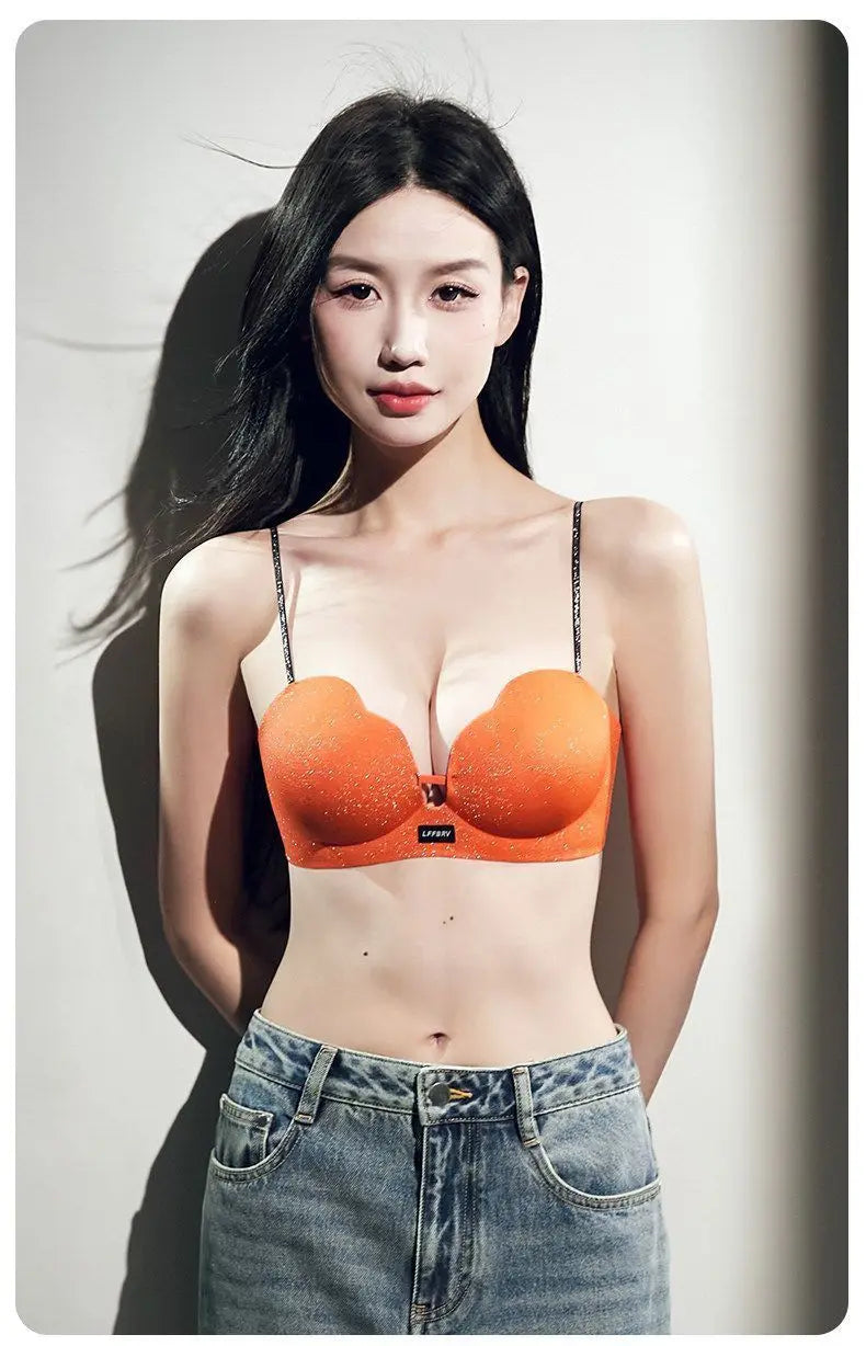 Hot Push Up Bra for Small Bust with Thin Shimmer Straps, Thick Padded Wireless Seamless Bra, Side Support Anti-Droop Lingerie