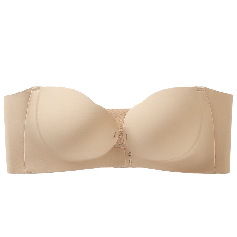 Wireless Strapless Bra Women Double Front Buckle 6Point AntiSlip 3Level 3D Molded Petal Deep V Seamless Multiway Pushup Bra 1PC