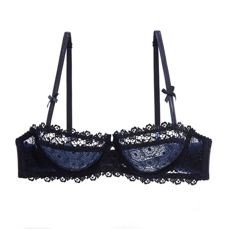 KUCLUT Plus Size Sexy Half Cup Lace Bra Sheer Mesh Unlined Bralette for Women A D Cup, Invisible Push Up Underwire Lingerie Set