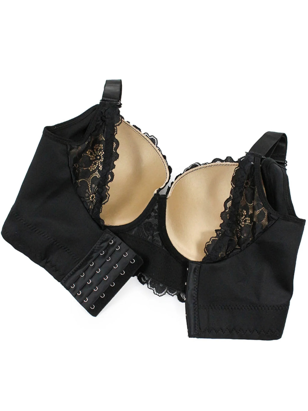 Black lace-trimmed bra with beige underwires and a double-hook-and-eye back closure, shown on a plain white background.