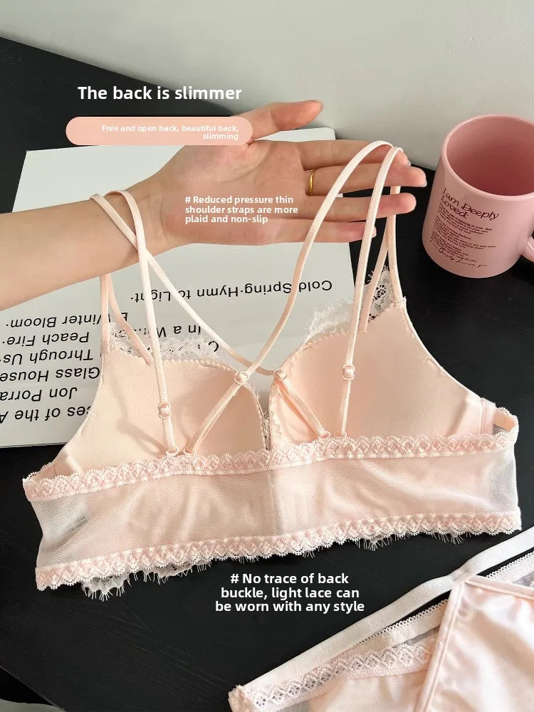 Wireless Lace Bra Set Women's Comfortable Sexy Back Design Gathered Front Clasp Underwear Nylon Material Suitable for Small B...