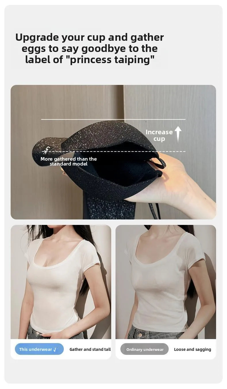 Hot Push Up Bra for Small Bust with Thin Shimmer Straps, Thick Padded Wireless Seamless Bra, Side Support Anti-Droop Lingerie