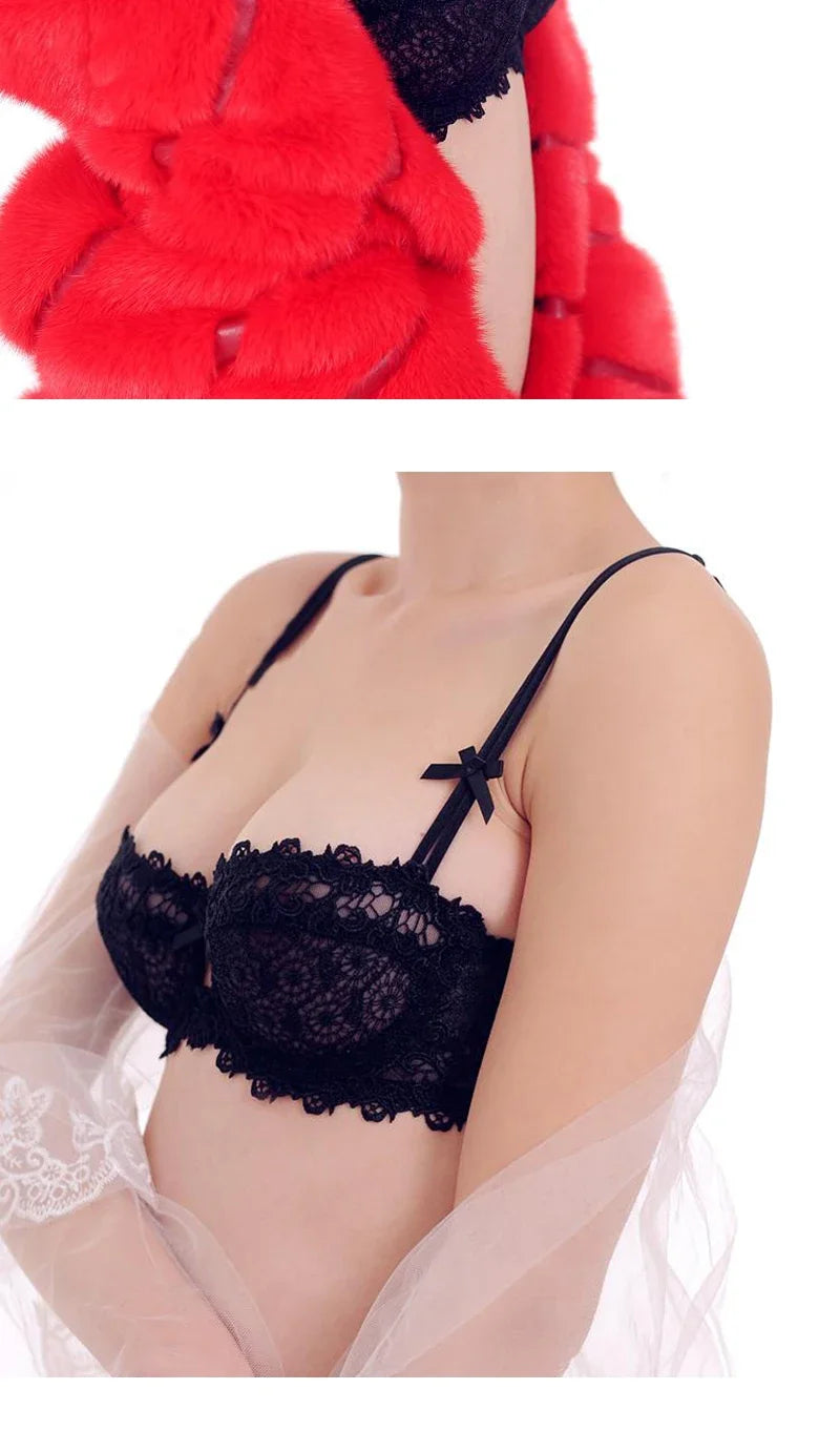 KUCLUT Plus Size Sexy Half Cup Lace Bra Sheer Mesh Unlined Bralette for Women A D Cup, Invisible Push Up Underwire Lingerie Set