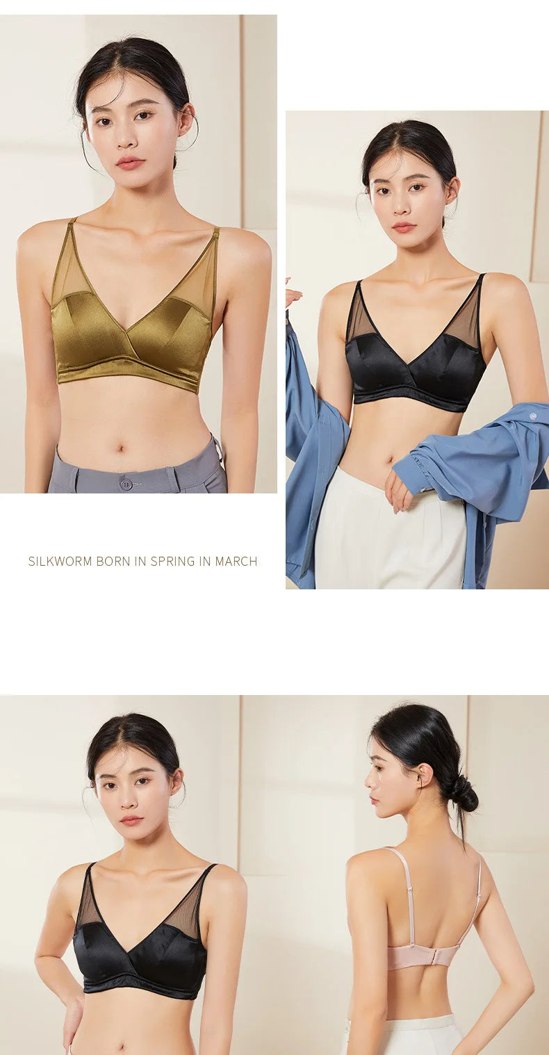 Mulberry Silk Satin French Lingerie Thin Wireless Bra for Small Chests