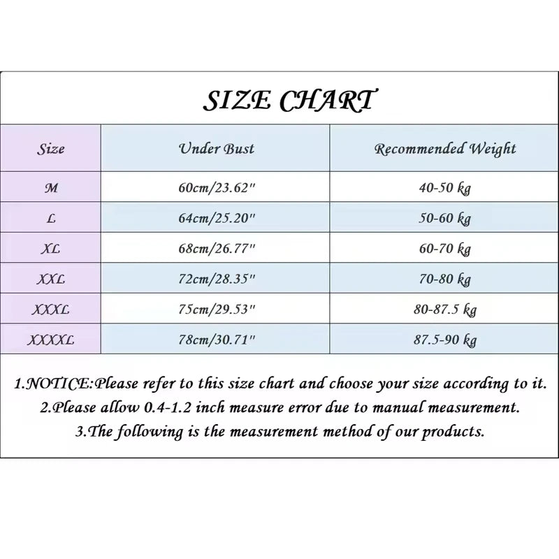 Size chart for clothing with measurements and recommended weights.