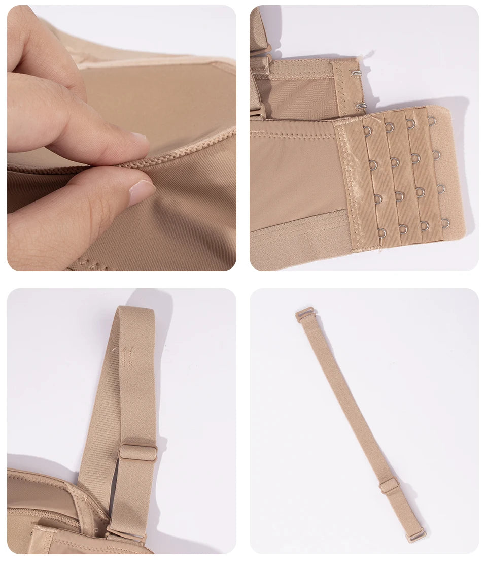 Collage of beige undergarments with straps on a white background