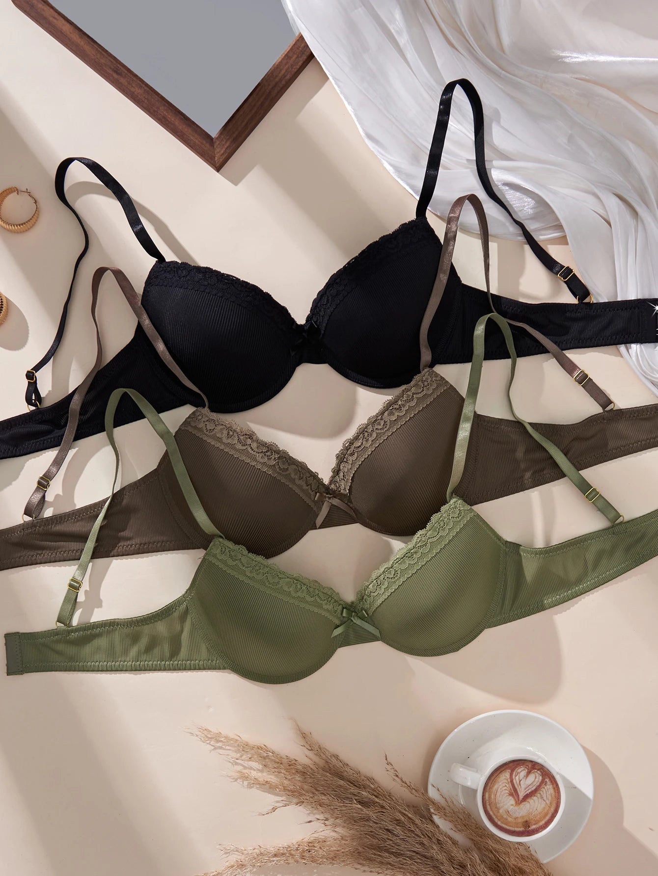 3PCS Women's Underwear Set Lace Trim Ribbed Push Up Bra Bow Comfortable Underwire Support Women's Bra
