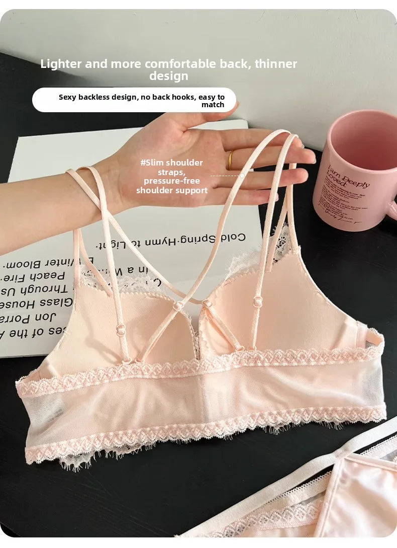 Wireless Lace Bra Set Women's Comfortable Sexy Back Design Gathered Front Clasp Underwear Nylon Material Suitable for Small B...