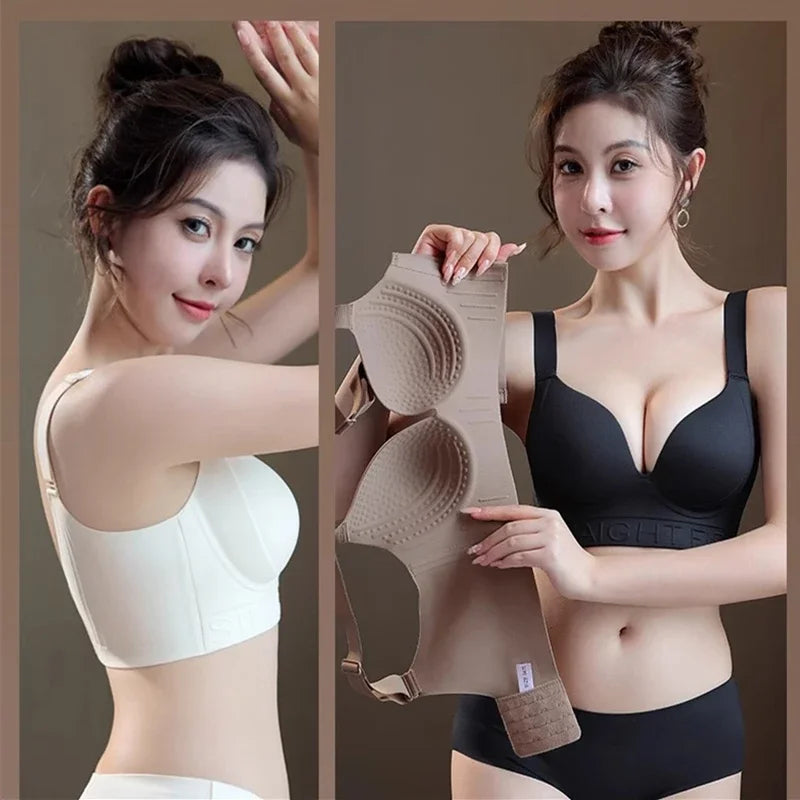 Woman holding a bra and showing its inside structure, wearing a white and black bra.