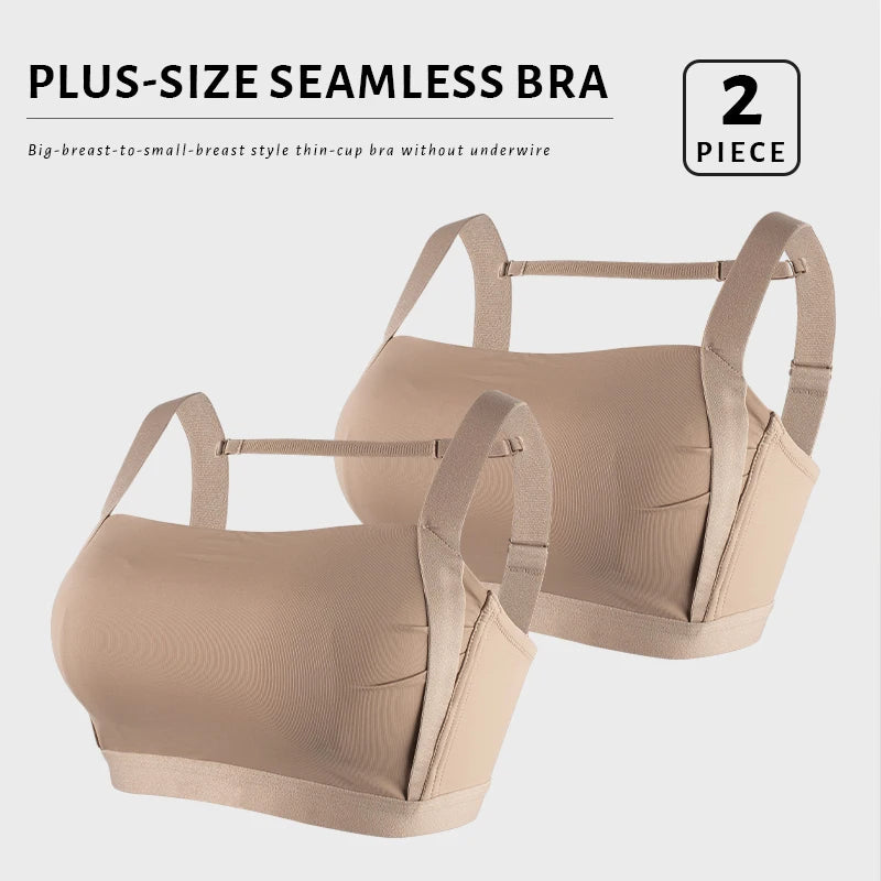 Beige plus-size seamless bra set on a light gray background