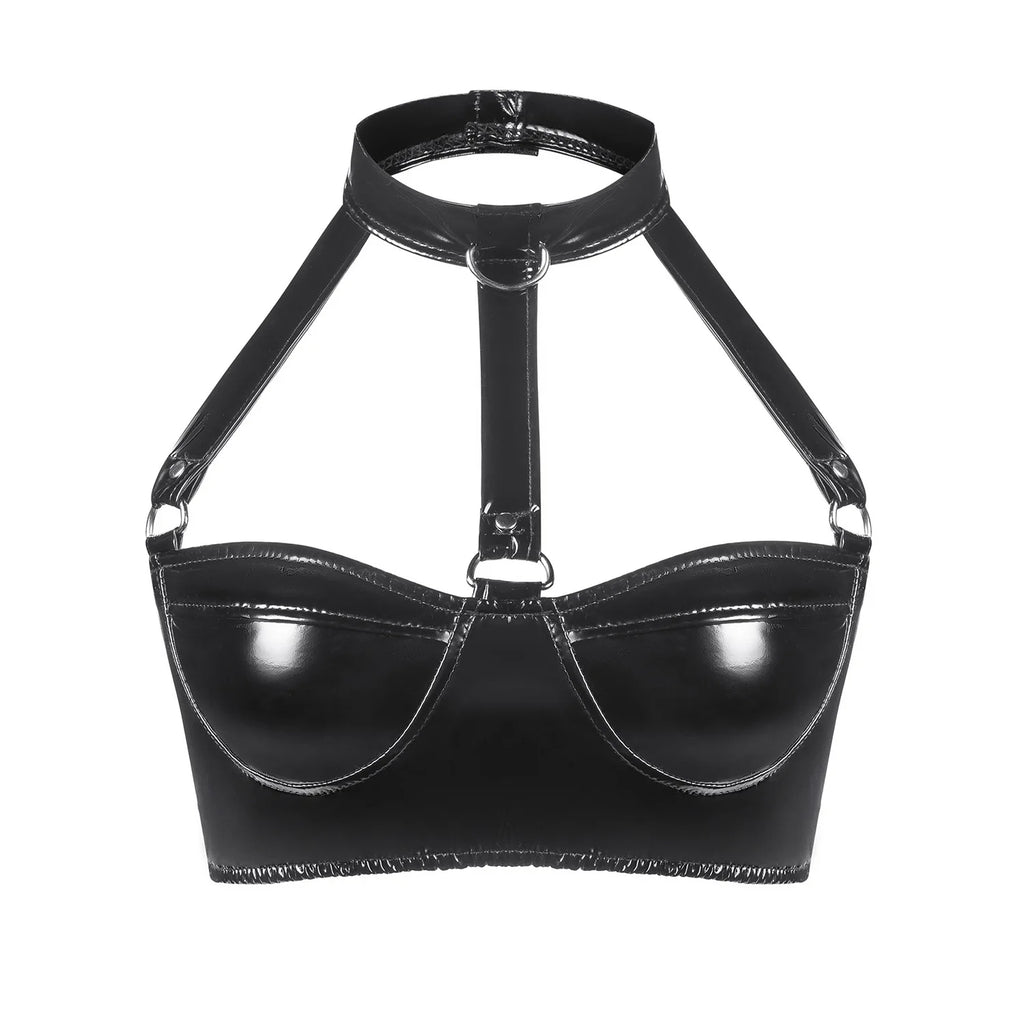 Black leather harness bra on a white background