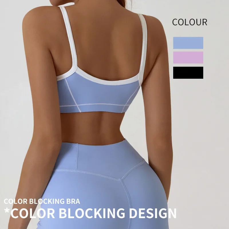 Women Yoga Sports Bra Color Clashing Shock Absorbing Brassiere Full Cup Breathable Gym Tube Top Bra Yoga Workout Underwear