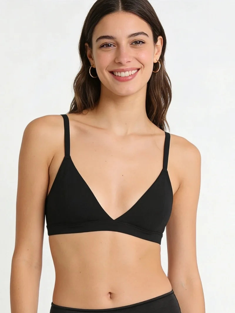 A woman modeling a black triangle bralette with thin straps against a plain white background.