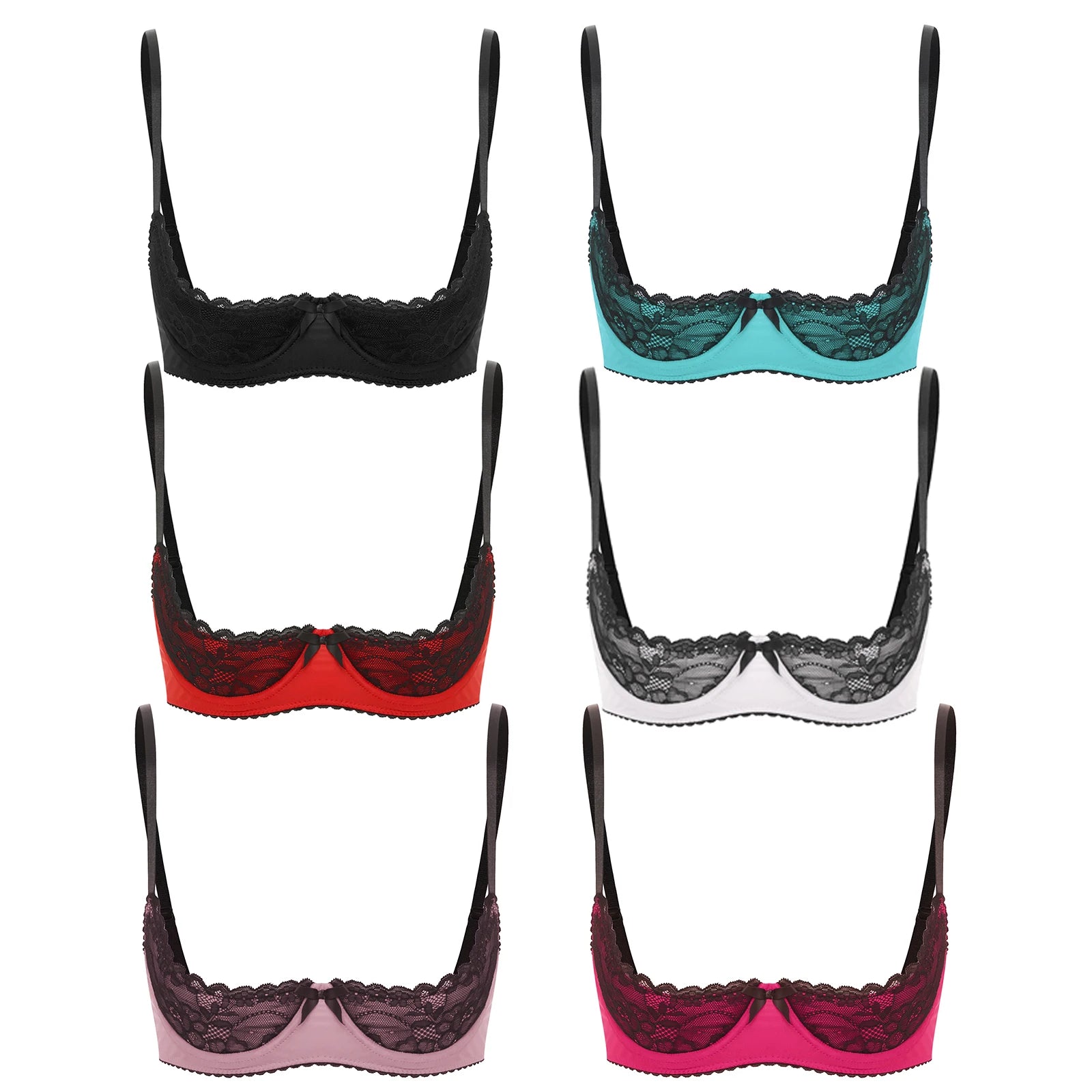 Women Sexy Open Cups Bra Tops Exposed Nipples Balconette Lingerie Contrast Lace Push Up Underwire Brassiere Underwear Nightwear
