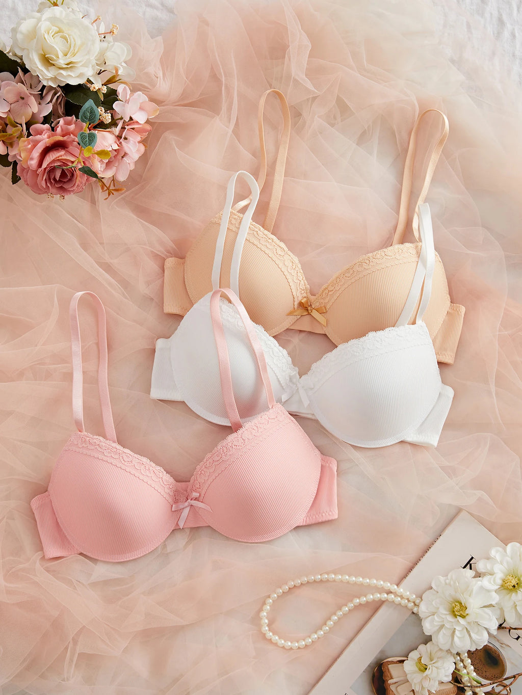 3PCS Women's Underwear Set Lace Trim Ribbed Push Up Bra Bow Comfortable Underwire Support Women's Bra