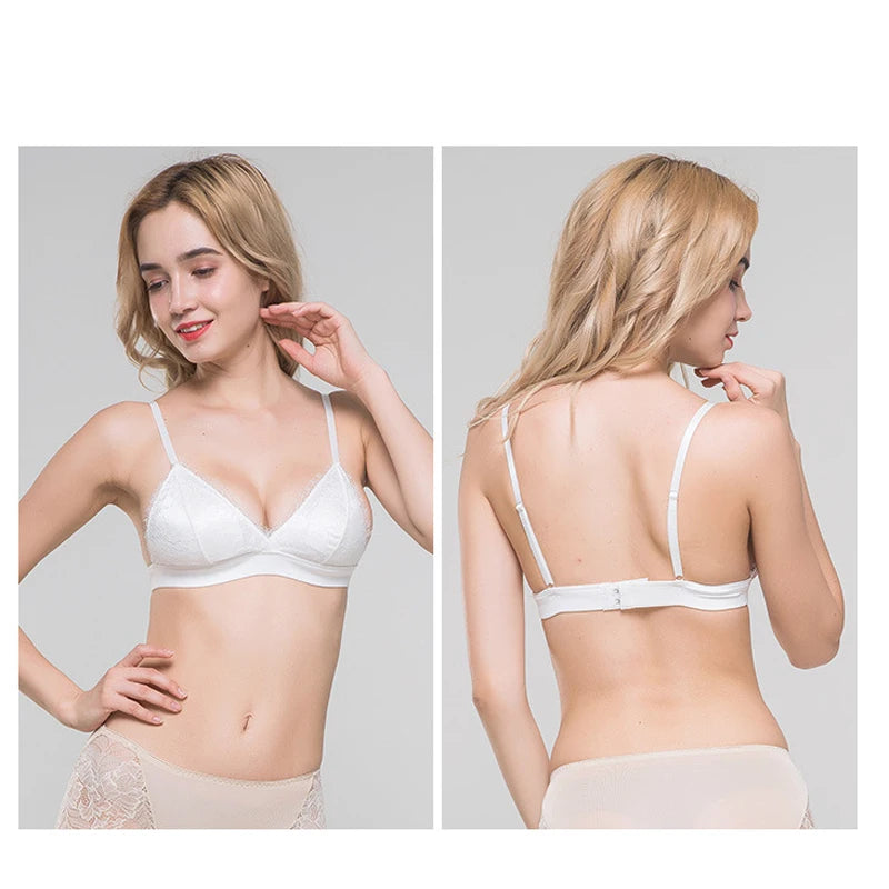 Women's Fashion Tassel Lace Triangle Bralette Wireless 3/4 Cup Mulberry Silk Soft Stretchy Lingerie Underwear
