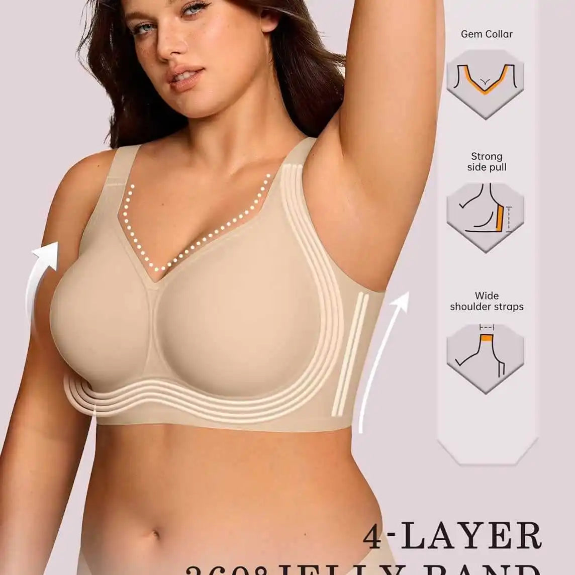 Woman wearing a beige bra with text highlighting features on a light gray background