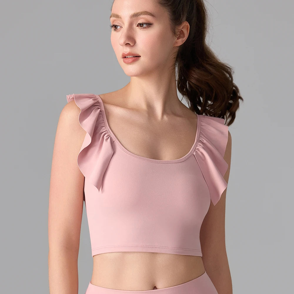 Women's Yoga Activewear Fixed-Cup Sports Bra Short Sleeve T-Shirt Lace Cami Top – Slimming Fitness Outfit for Gym, Pilates Yoga