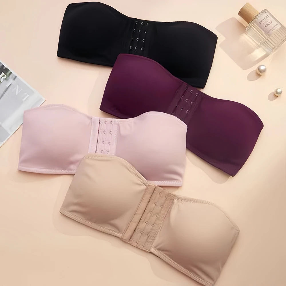 Plus Size Front Fastening Bandeau Bra – Strapless Wire-Free Padded Push-Up S–2XL