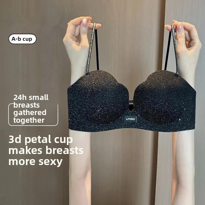 Hot Push Up Bra for Small Bust with Thin Shimmer Straps, Thick Padded Wireless Seamless Bra, Side Support Anti-Droop Lingerie