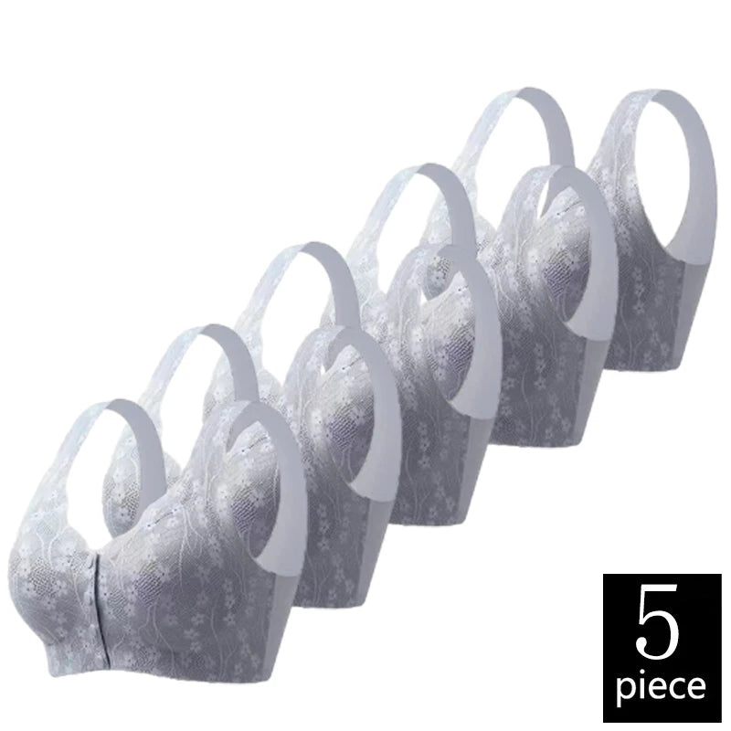 Set of five gray bras with floral patterns on a white background