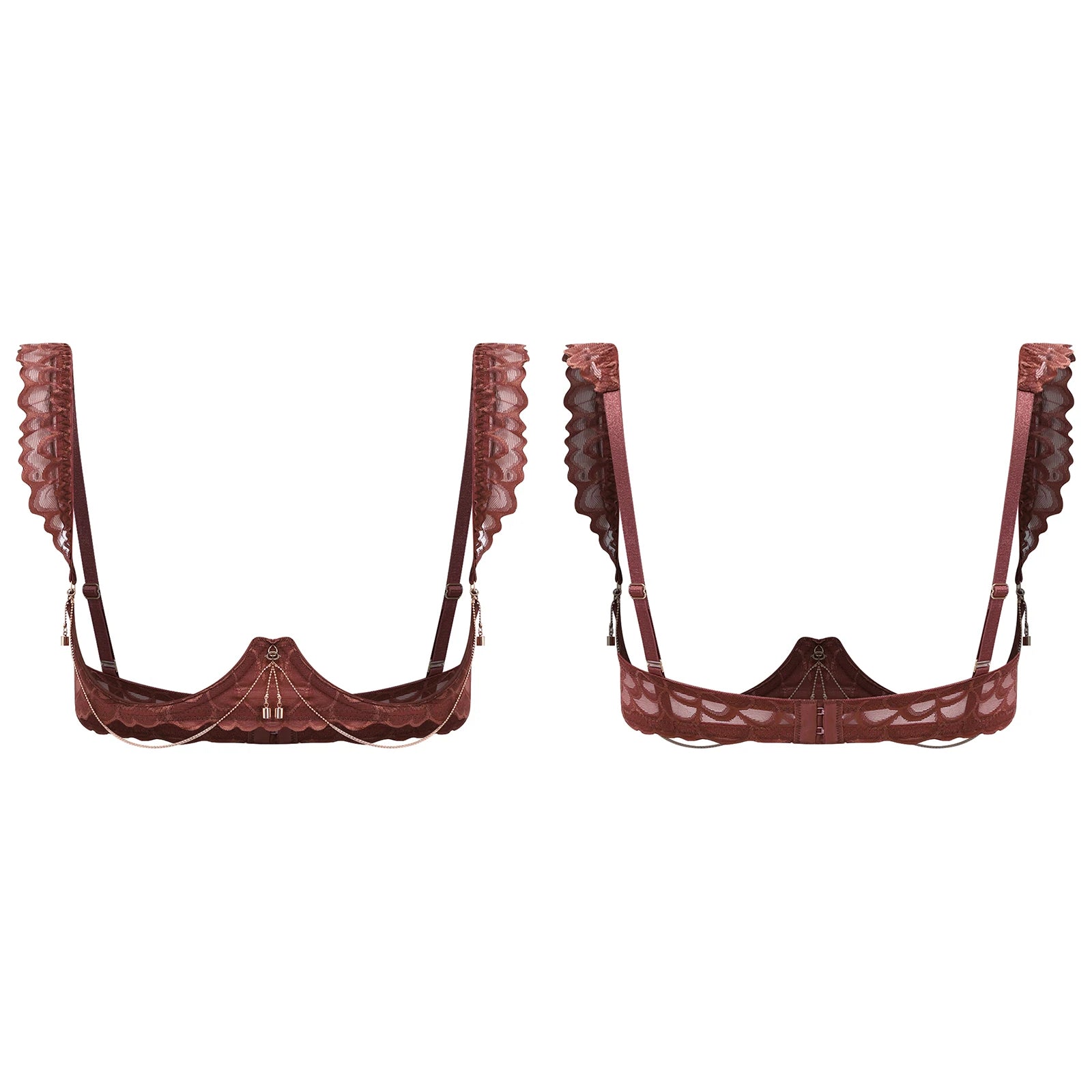 Womens Floral Lace Cupless Shelf Bra See Through Open Cup Underwired Push Up Balconette Bra with Metal Chain Unlined Brassiere