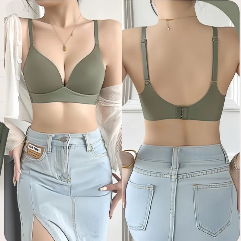 A two-panel view of a woman modeling an olive green wireless bra. The left panel shows the front view of the bra paired with a light blue denim skirt and white cardigan.