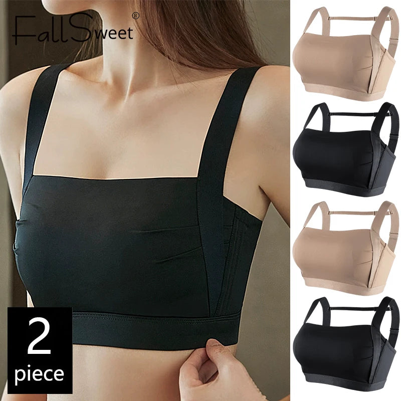 Black sports bra worn by a model with additional images of the bra in beige and black on the right.