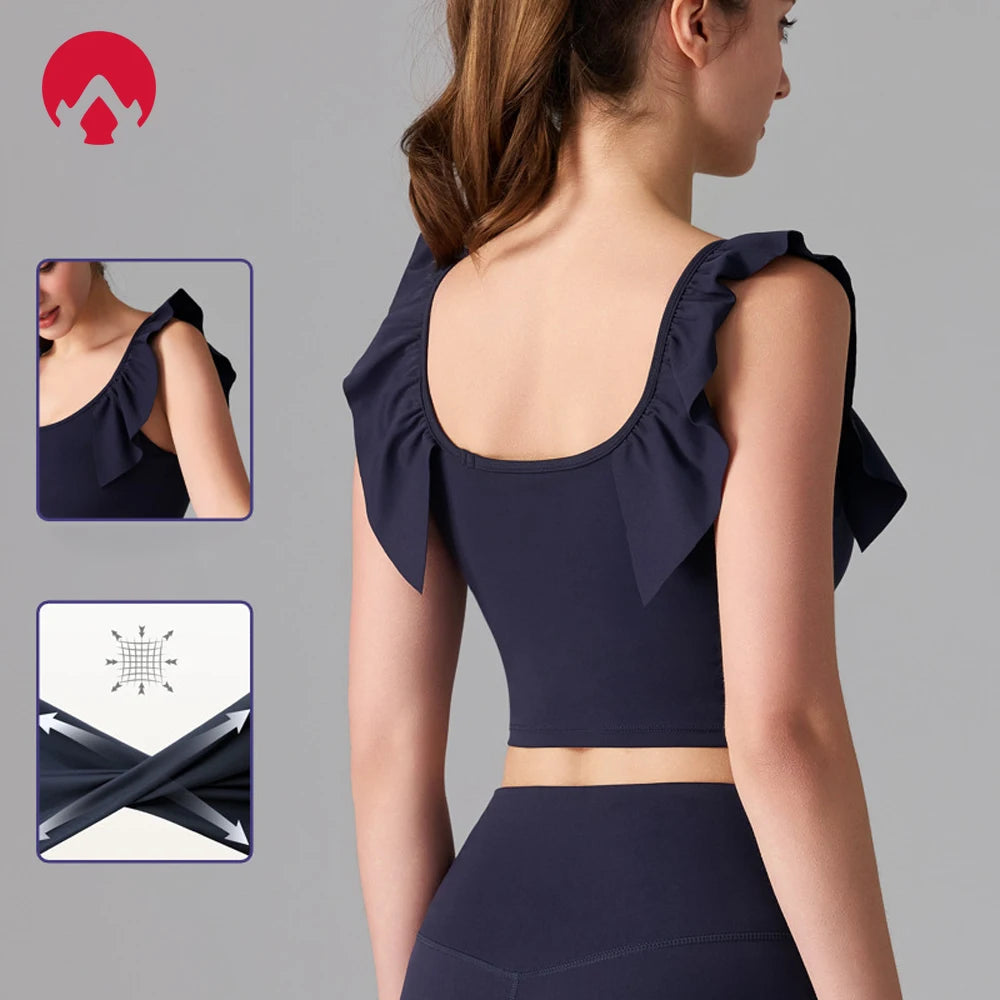 Women's Yoga Activewear Fixed-Cup Sports Bra Short Sleeve T-Shirt Lace Cami Top – Slimming Fitness Outfit for Gym, Pilates Yoga