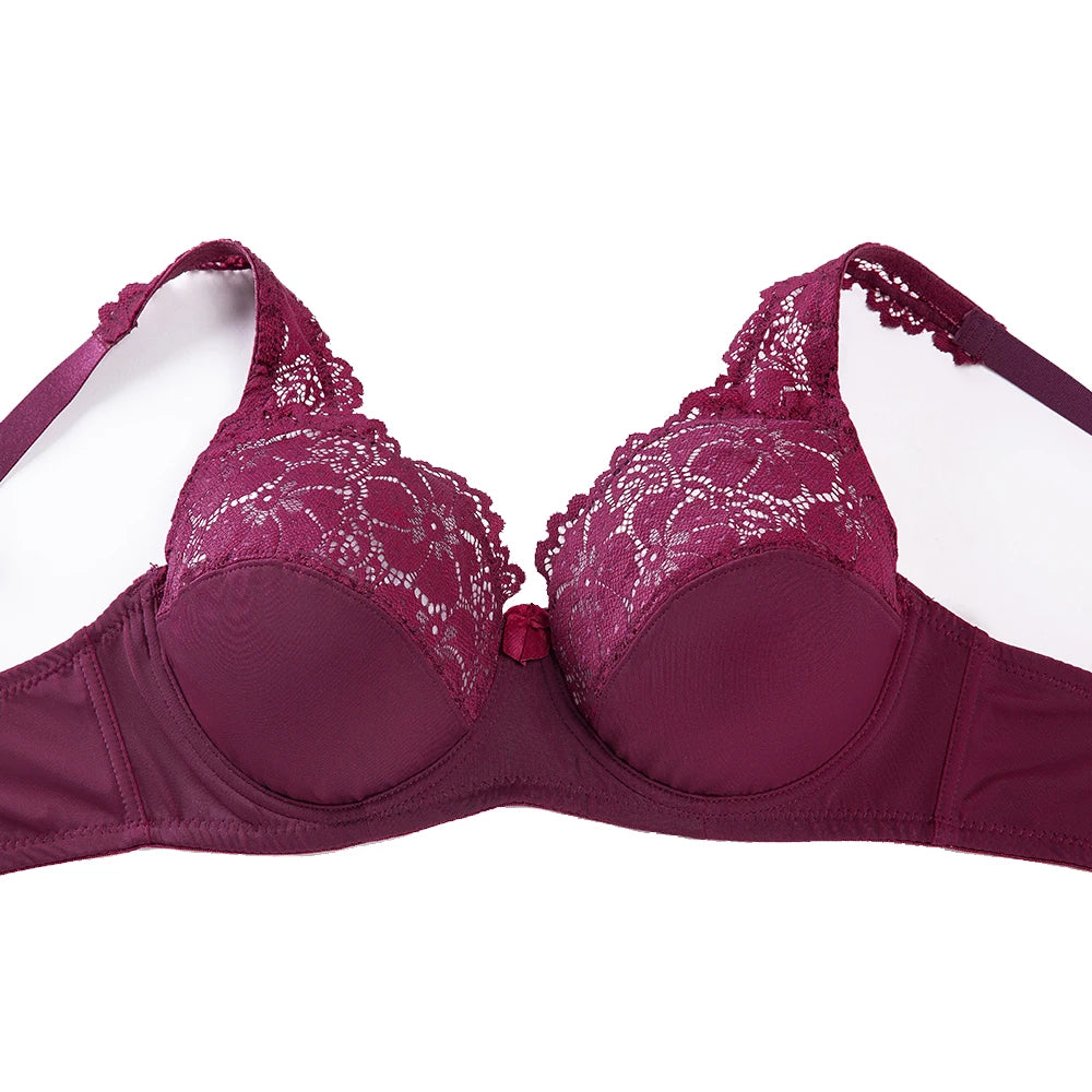 Magenta lace bra on a white background