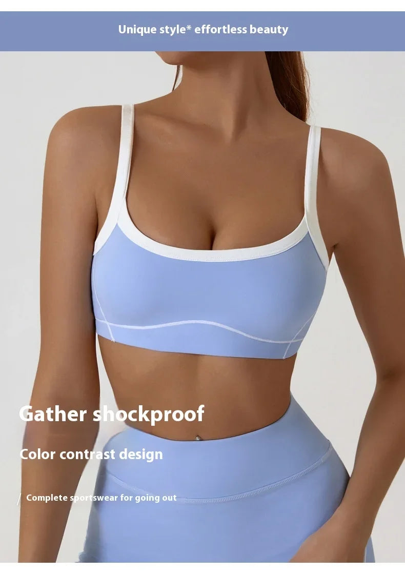 Women Yoga Sports Bra Color Clashing Shock Absorbing Brassiere Full Cup Breathable Gym Tube Top Bra Yoga Workout Underwear