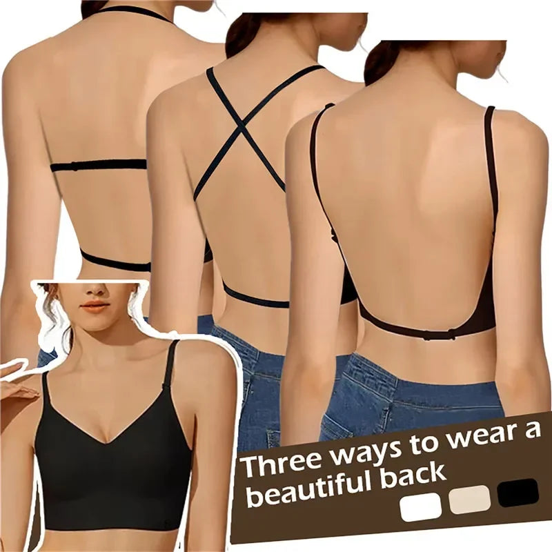 Women Invisible Bra Deep U Plunge Bras Backless Top for Dresses Sexy Lingerie with Transparent Strap Push Up Strapless Underwea