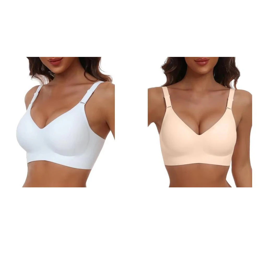 Two women's wireless underwire bras shown side by side on a model, one in white and one in light beige, against a plain white background.