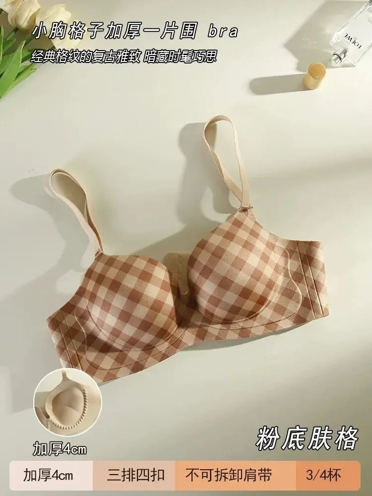 Sexy Seamless Push-Up Bra for Women Wireless with Soft Support Lift & Anti-Sagging Side Support for Armpit Fat Plaid Pattern